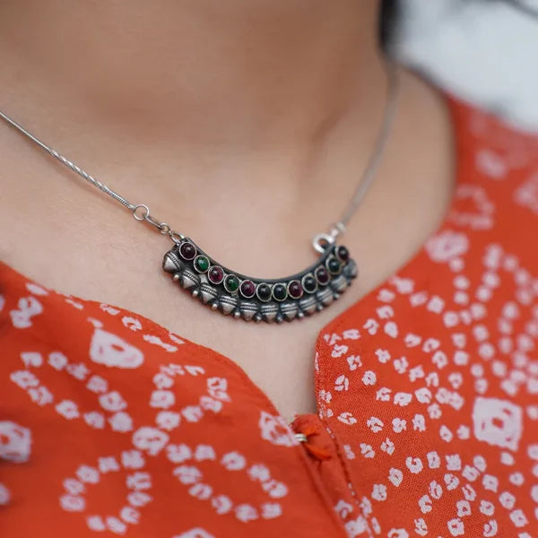 Oxidised Silver Pendant with Ruby & Green Stones