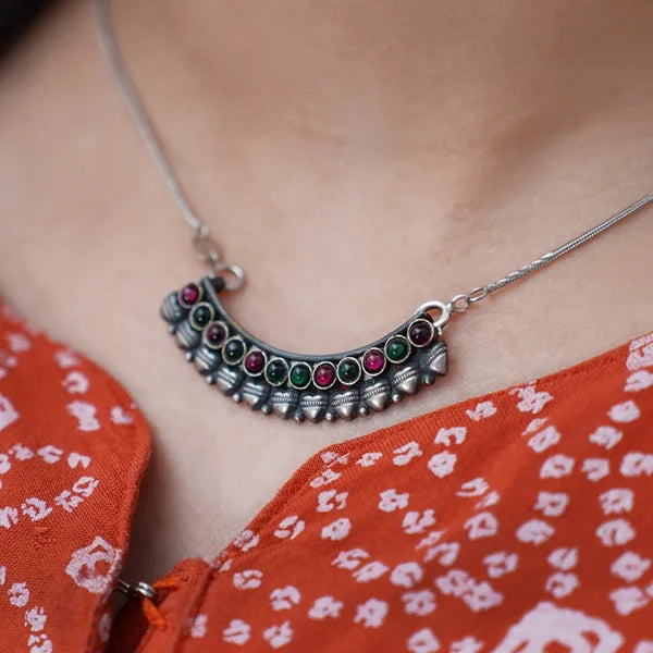 Oxidised Silver Pendant with Ruby & Green Stones