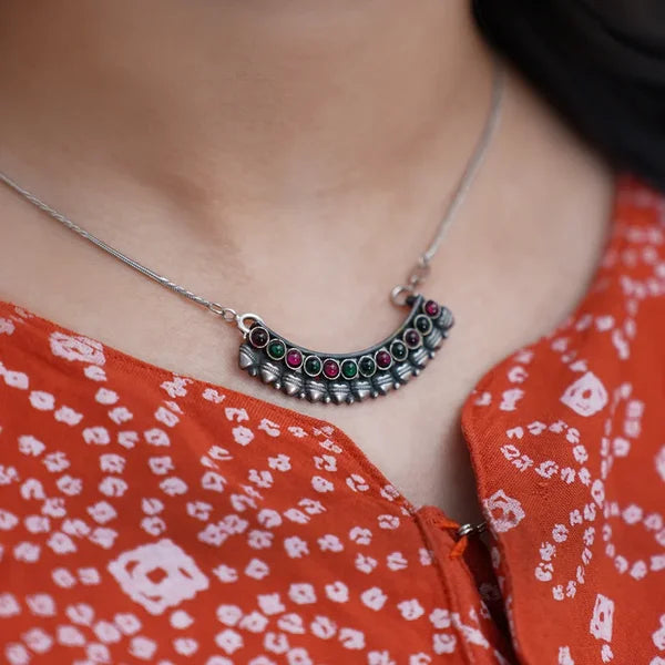 Oxidised Silver Pendant with Ruby & Green Stones