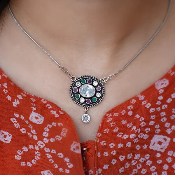 Oxidised Silver Round Pendant with White, Ruby & Green Stones