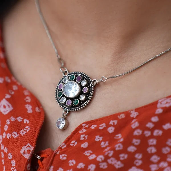 Oxidised Silver Round Pendant with White, Ruby & Green Stones