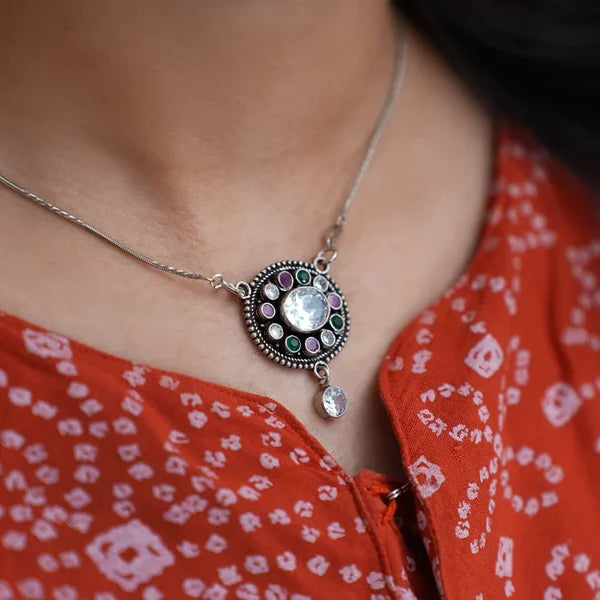 Oxidised Silver Round Pendant with White, Ruby & Green Stones