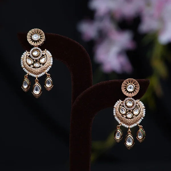 Moti Long Necklace with White Stones and Modern Golden Design