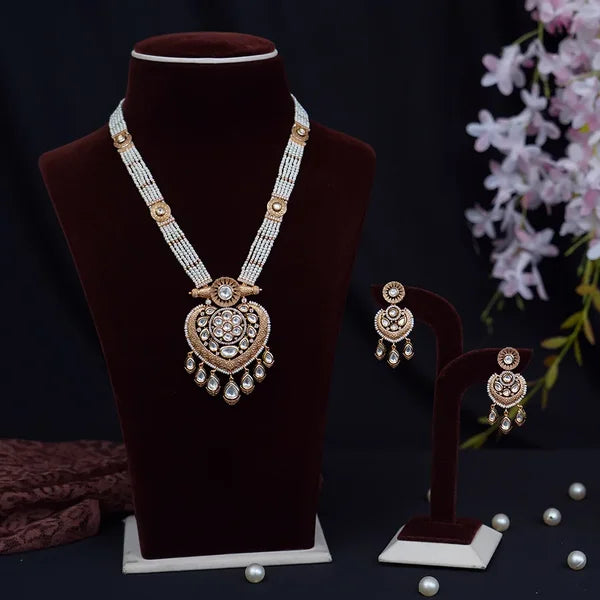 Moti Long Necklace with White Stones and Modern Golden Design