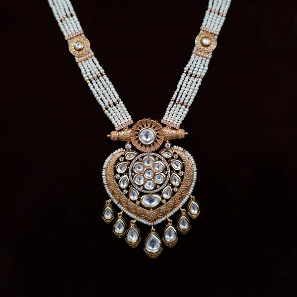 Moti Long Necklace with White Stones and Modern Golden Design