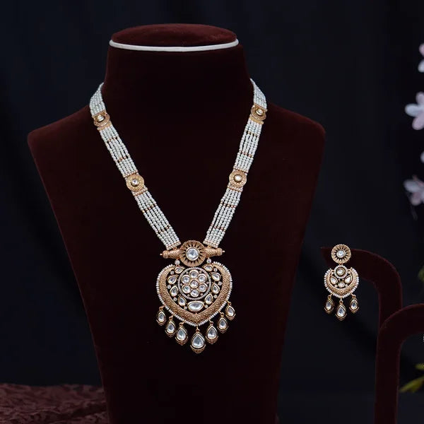 Moti Long Necklace with White Stones and Modern Golden Design