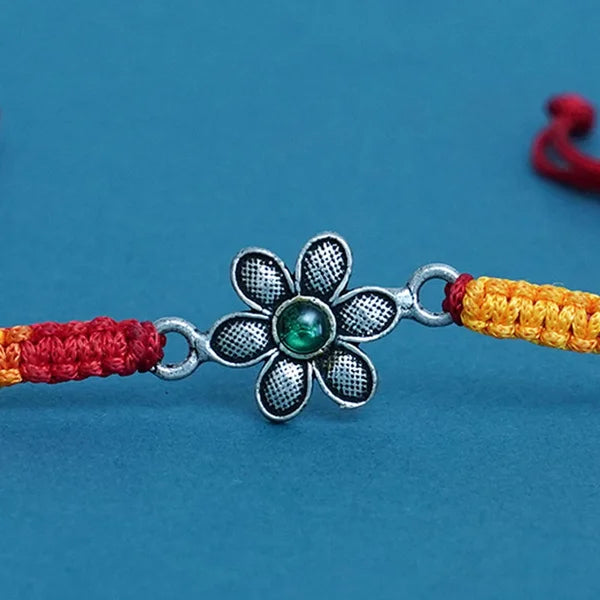Floral Design Oxidized 925 Silver Rakhi with Red-Yellow Thread