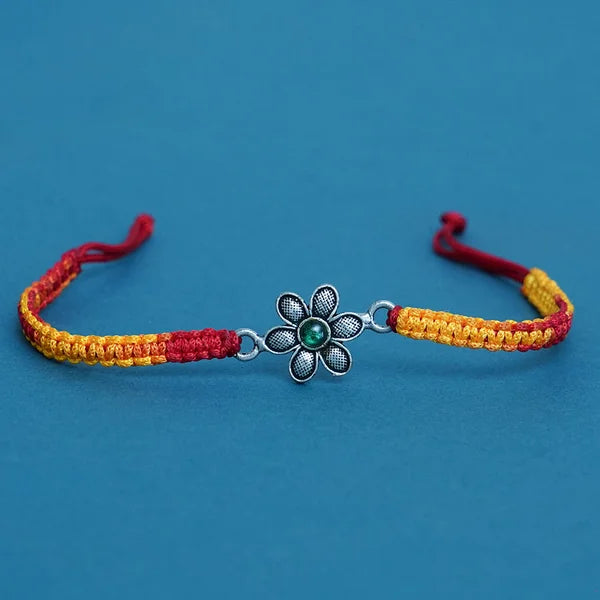 Floral Design Oxidized 925 Silver Rakhi with Red-Yellow Thread