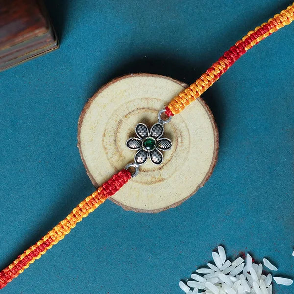 Floral Design Oxidized 925 Silver Rakhi with Red-Yellow Thread