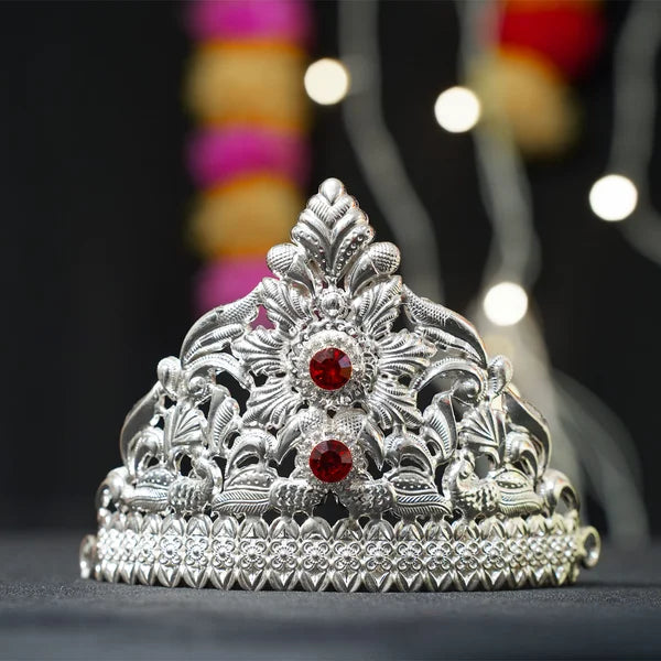 925 Pure Silver Mukut with Red Stones â€“ 3x5 Inch Handcrafted Crown for Deity Idols