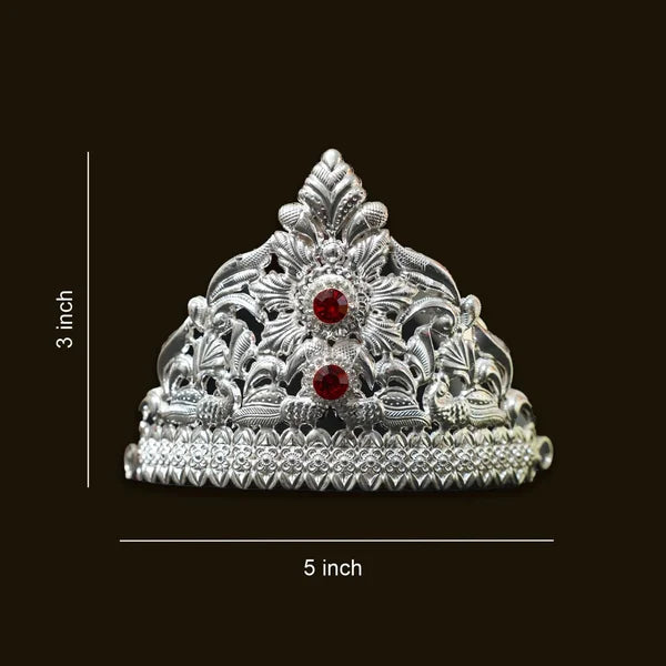925 Pure Silver Mukut with Red Stones â€“ 3x5 Inch Handcrafted Crown for Deity Idols