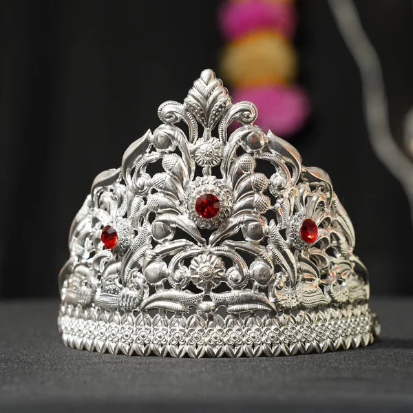 925 Pure Silver Mukut with 3 Red Stones â€“ Handcrafted Deity Crown (3x5 Inch)