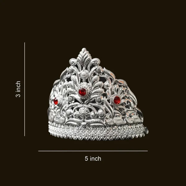 925 Pure Silver Mukut with 3 Red Stones â€“ Handcrafted Deity Crown (3x5 Inch)