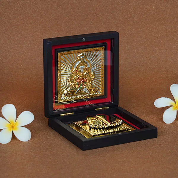 Gold-Plated Ganesh Ji Frame with Charan Paduka | Wooden Box for Home Decor & Gifts (11x11 cm)