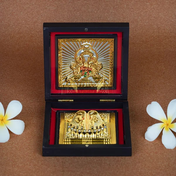 Gold-Plated Ganesh Ji Frame with Charan Paduka | Wooden Box for Home Decor & Gifts (11x11 cm)