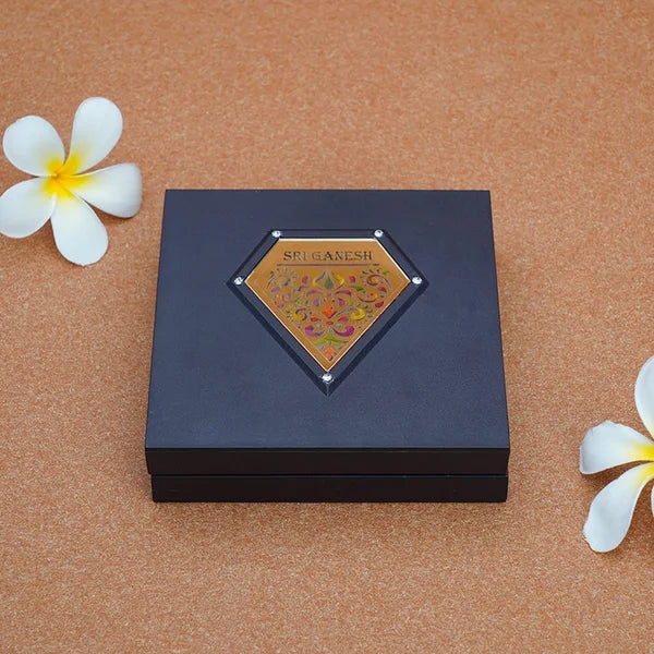 Gold-Plated Ganesh Ji Frame with Charan Paduka | Wooden Box for Home Decor & Gifts (11x11 cm)