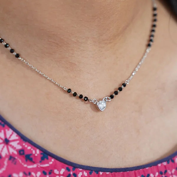 Silver Plated Heart Pendant Black Beads Mangalsutra