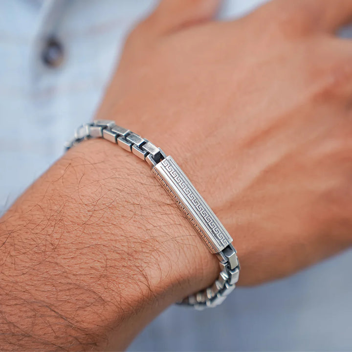 Men's Greek Key Engraved Box Chain Bracelet