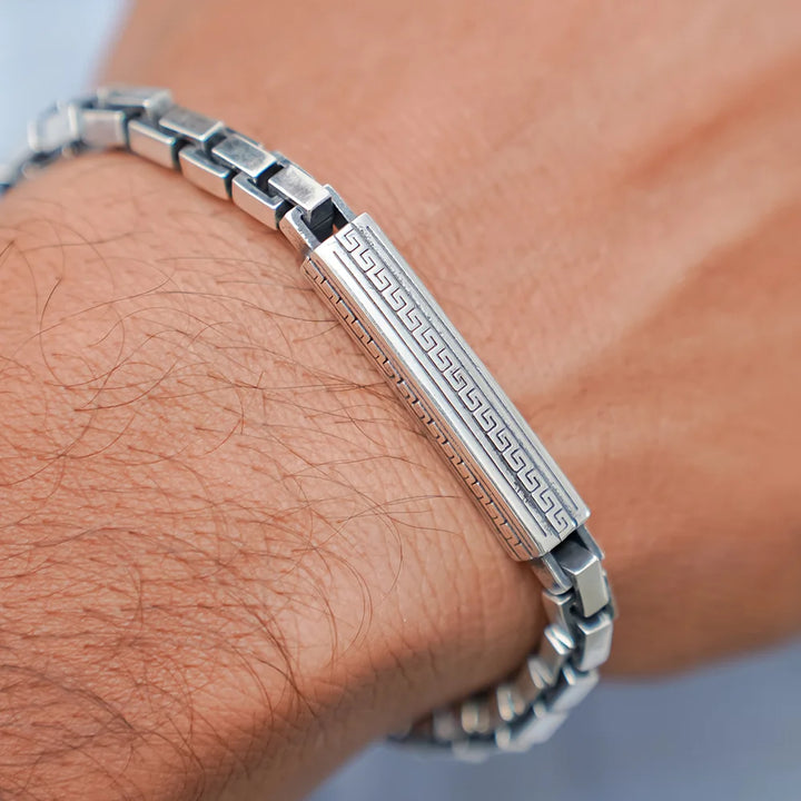 Men's Greek Key Engraved Box Chain Bracelet