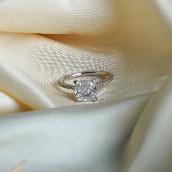 Sterling Silver Cushion-Cut Solitaire Ring with Micro-Pave Band