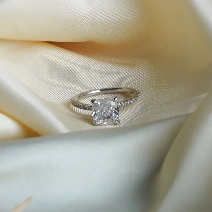 Sterling Silver Cushion-Cut Solitaire Ring with Micro-Pave Band
