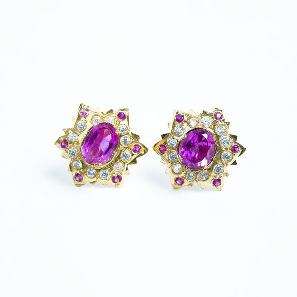 Gold-Plated Pink Stone Stud Earrings with Diamond Accents