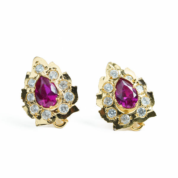 Gold-Plated Tear Drop Pink Stone Stud Earrings with Diamond Accents