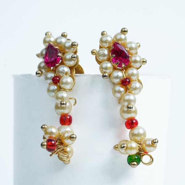 Pearl Drop Earrings with Pink Stone & Multicolour Beads