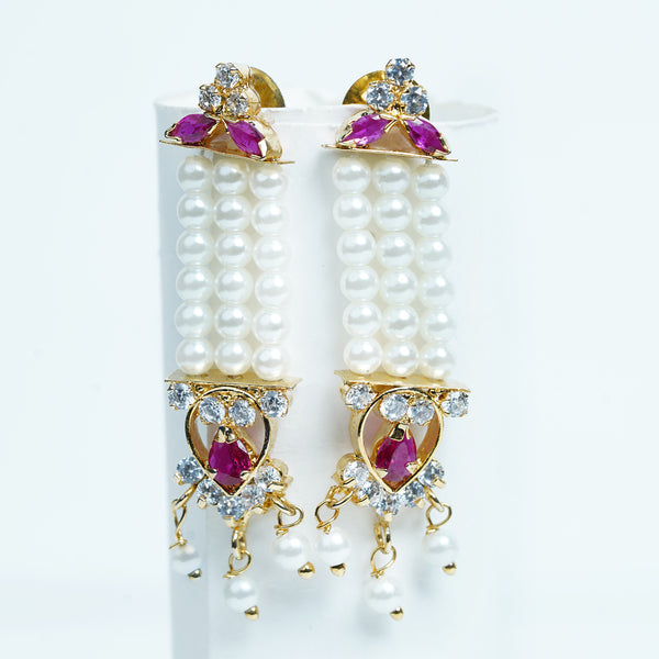 Long Pearl Strand Earrings with Pink Stone & Diamond Accents