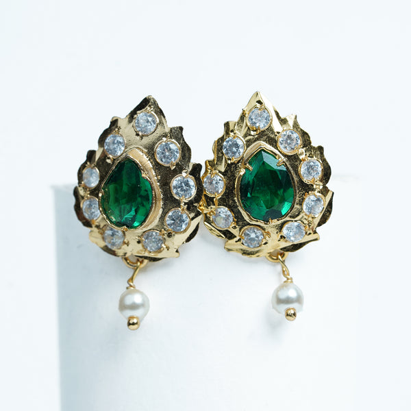 Gold-Plated Emerald Green Stone Stud Earrings with Pearl Drop