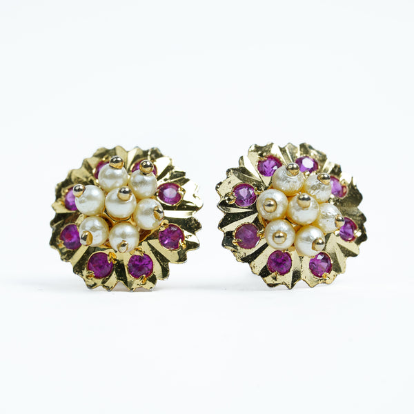 Gold-Plated Floral Stud Earrings with Pearls & Pink Stones